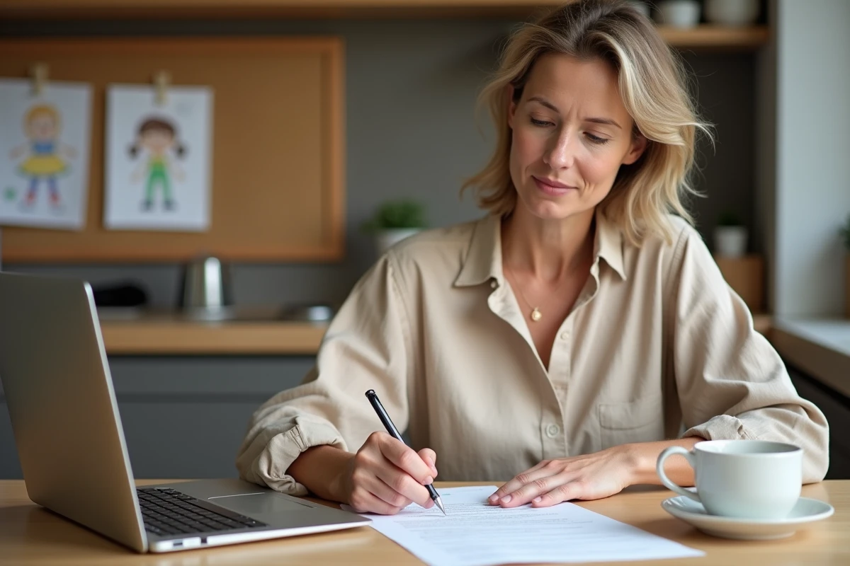 Mère de famille lisant des documents sur le coût d'un testament chez le notaire à la maison pour protéger ses enfants