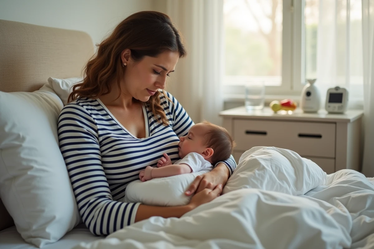 Mère fatiguée allaitant son bébé tôt le matin dans sa chambre, reflétant les nuits difficiles lors des pics de croissance du nourrisson