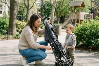 Jeune mère plie une poussette dans un parc urbain