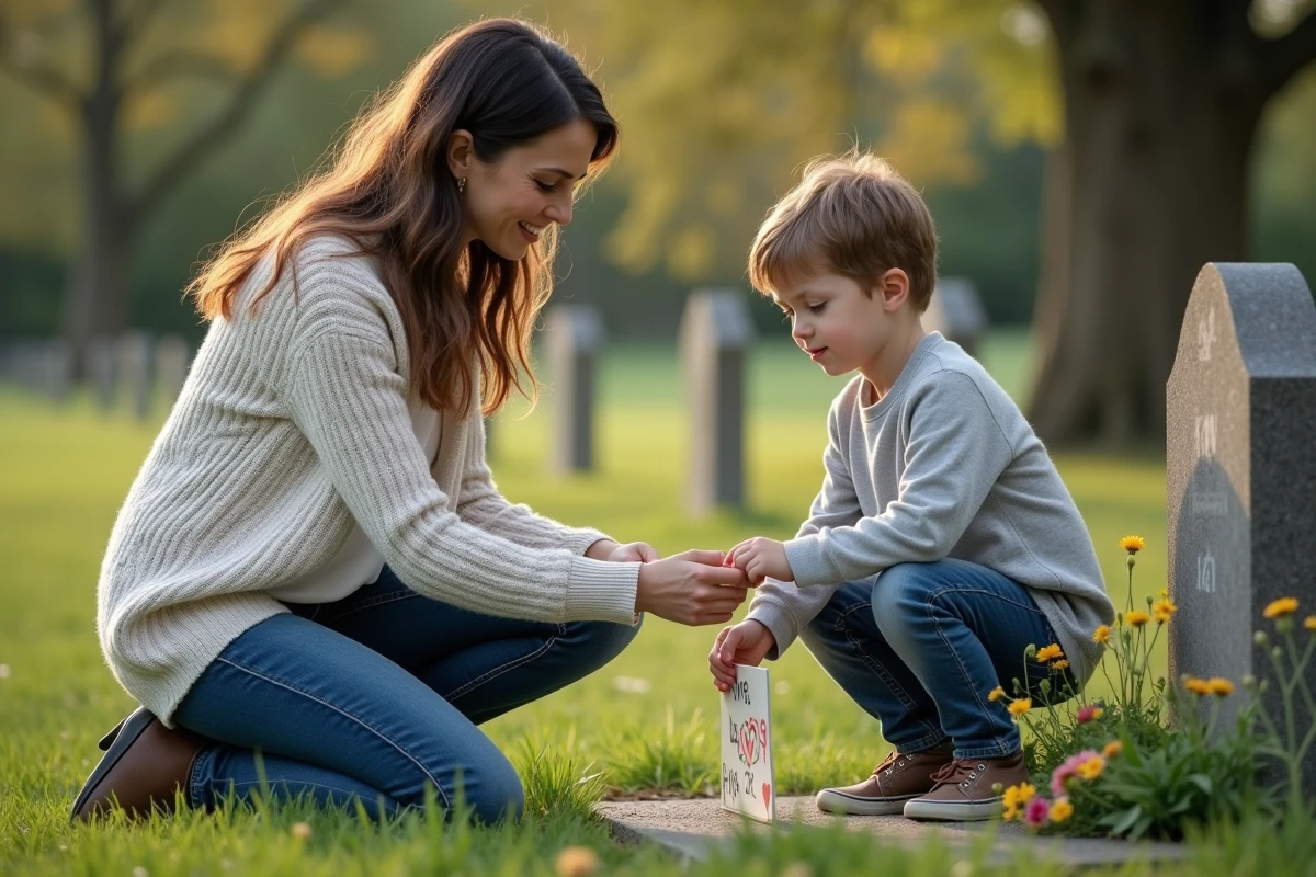 Mère et fils déposant un dessin sur la tombe du papa lors de son anniversaire