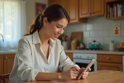 Mère séparée utilisant une application de garde partagée sur smartphone dans une cuisine familiale chaleureuse