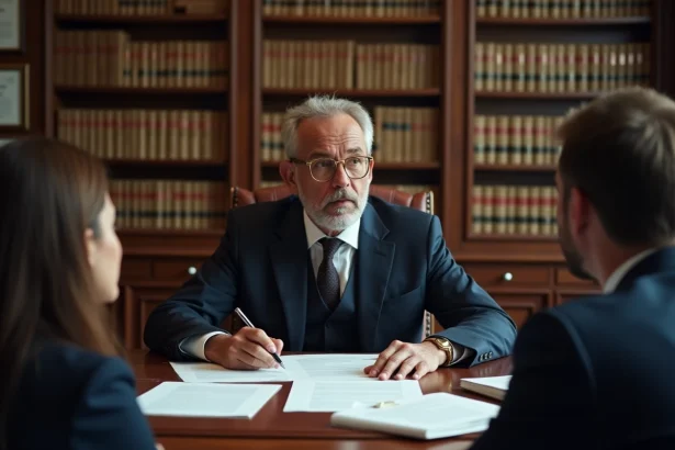 Notaire expliquant un testament à un couple dans son étude traditionnelle avec des documents officiels sur le bureau