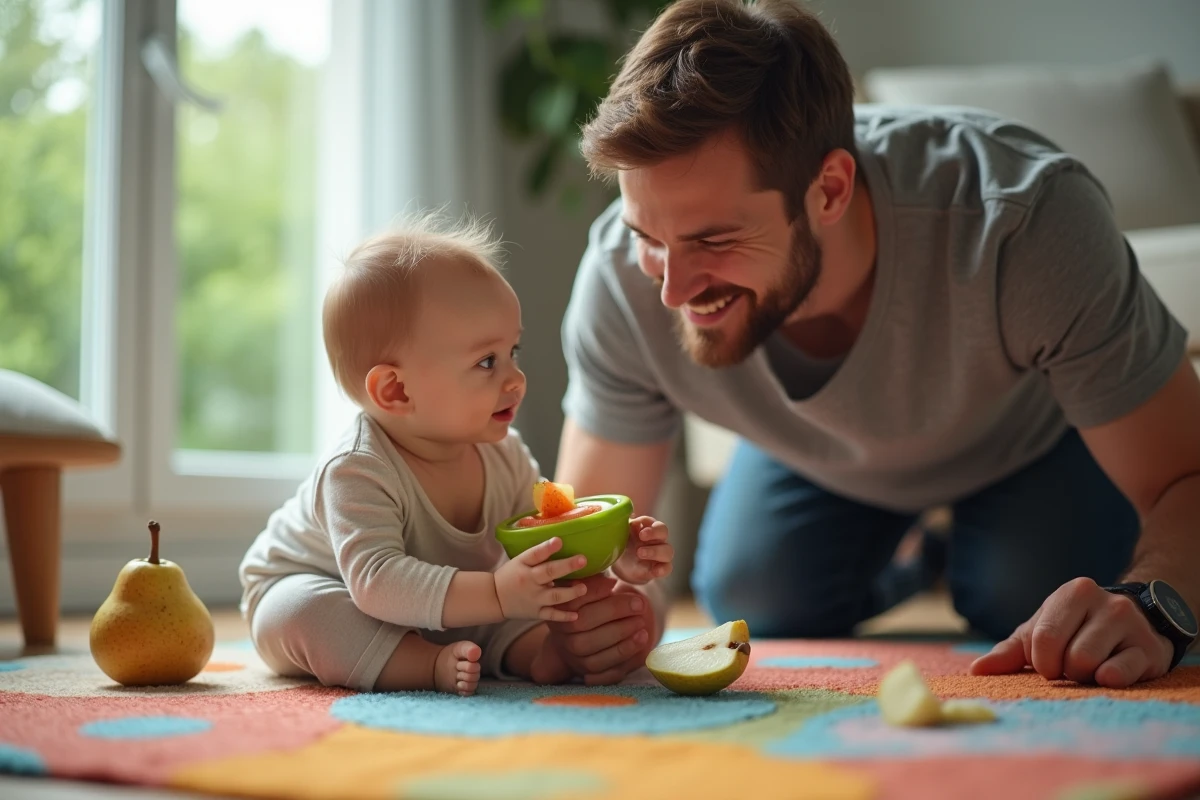 Pere encourageant son bebe avec un fruit feeder