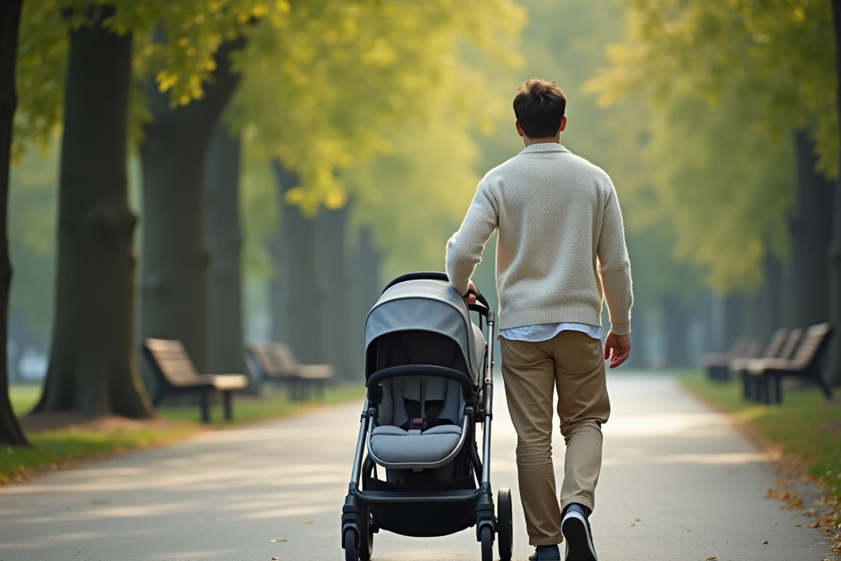 Père promenant son bébé dans un parc calme