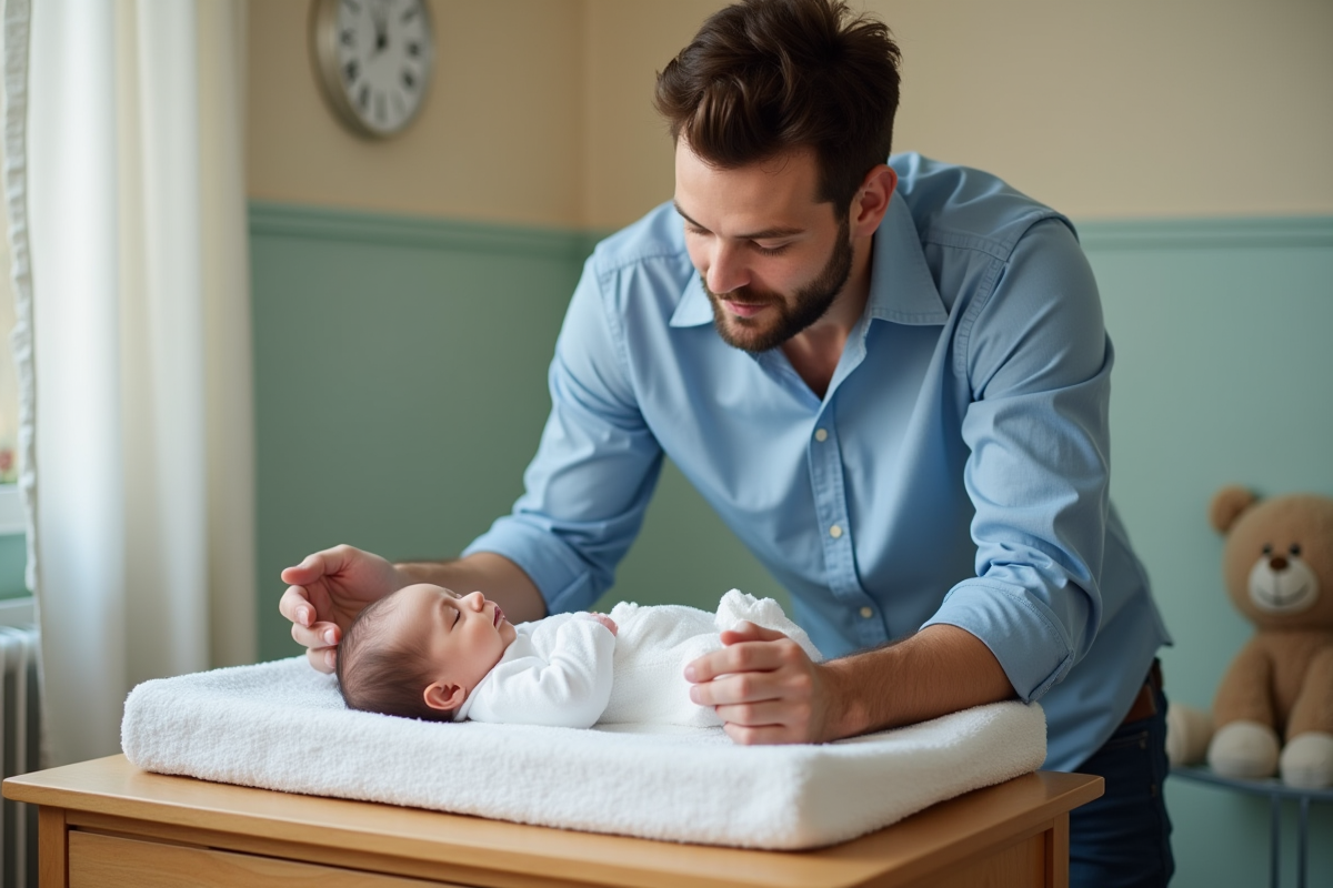 Papa changeant sa fille dans une chambre douce et lumineuse