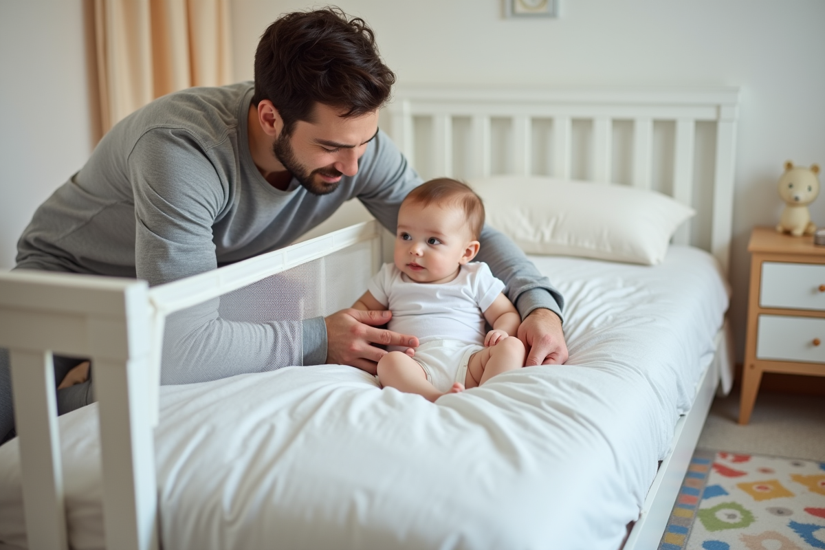 Père aidant son bébé à se coucher avec barrière de lit