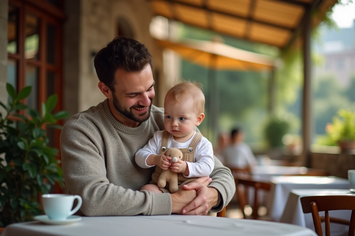 Pere et enfant sur une terrasse de cafe en plein air