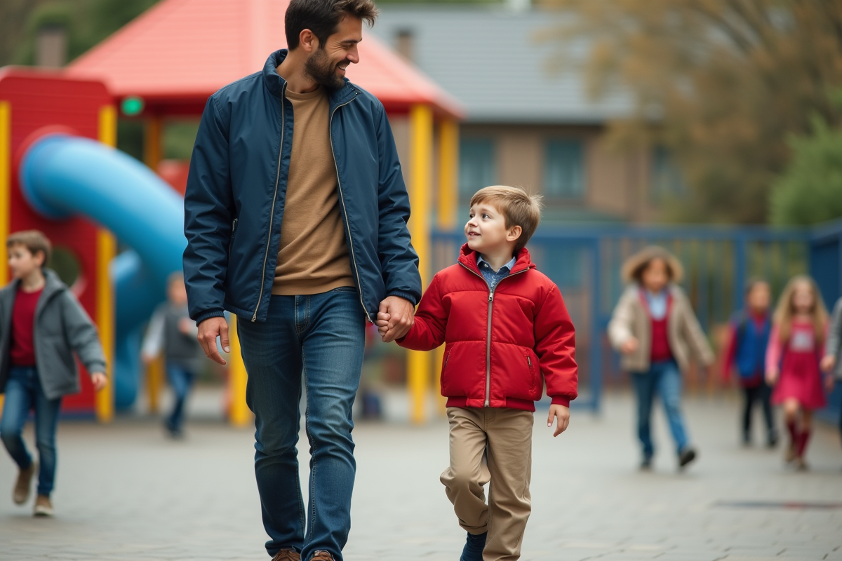 Père et fils main dans la main dans une cour d