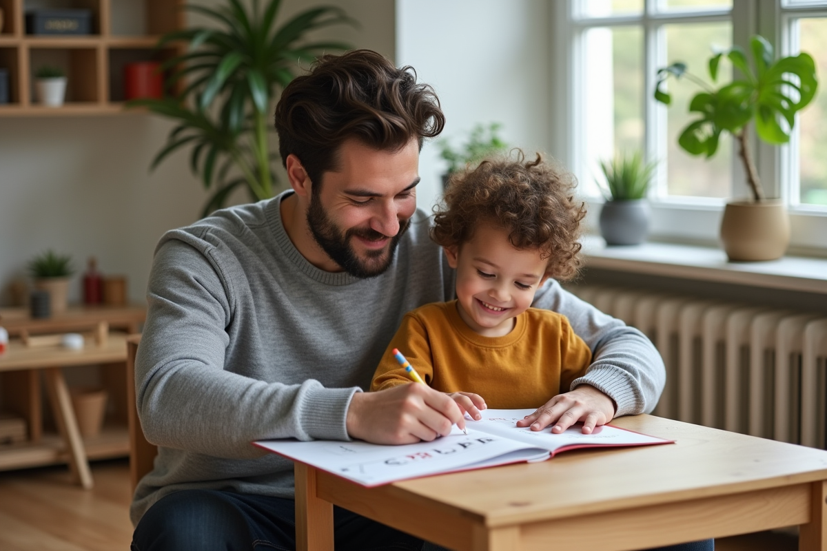 Père aidant son enfant à lire un livre de phonétique