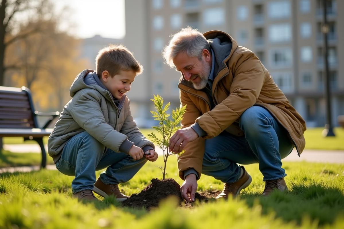 Père et fils plantant un arbre dans un parc urbain