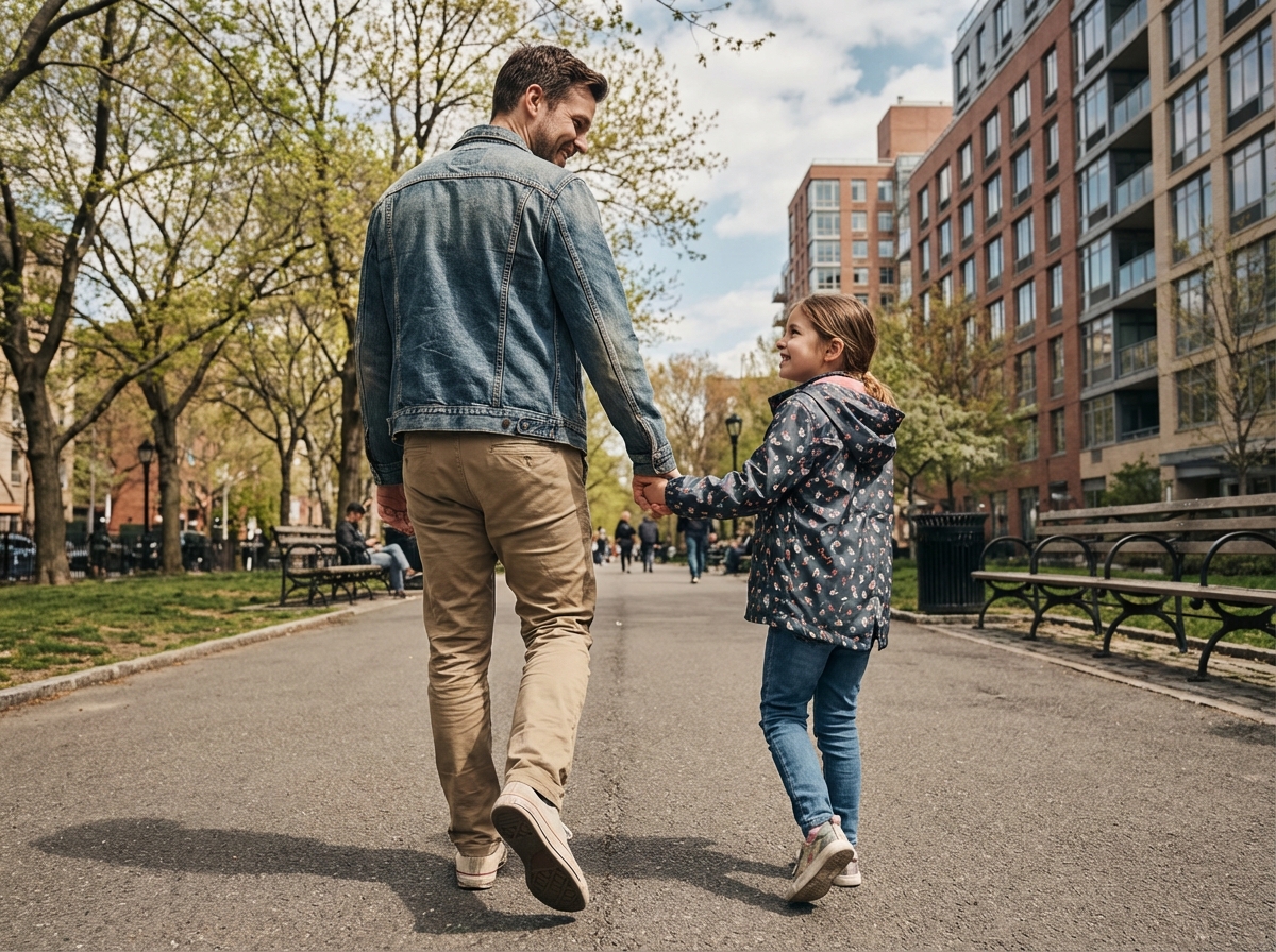 Père et fille marchant dans un parc urbain ensoleille
