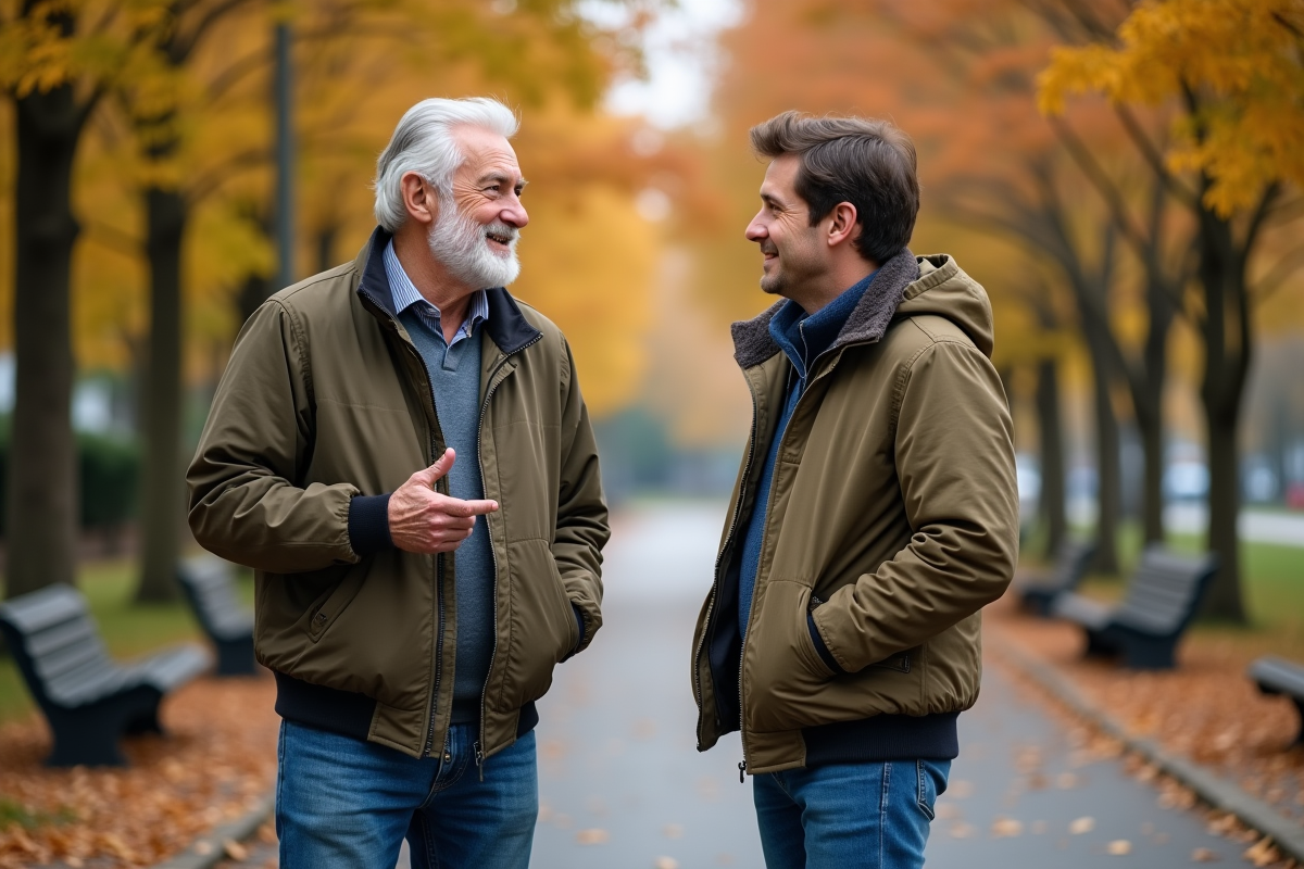 Père et fils discutent dans un parc en automne