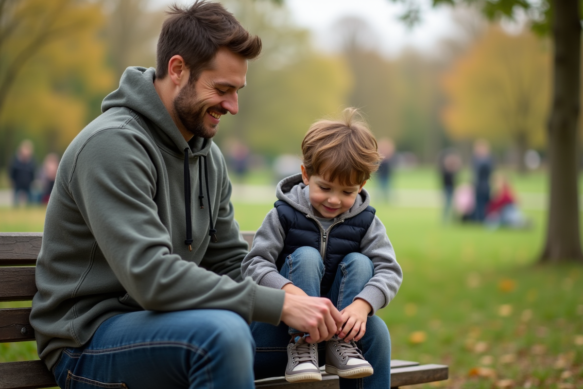 Papa attache les chaussures de son fils dans un parc