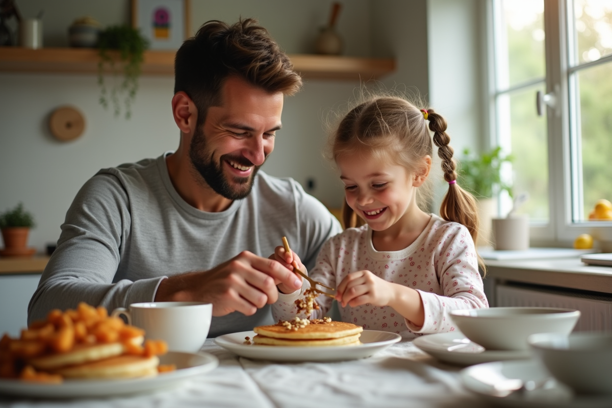 Père et fille préparant le petit déjeuner avec des pancakes dans la cuisine