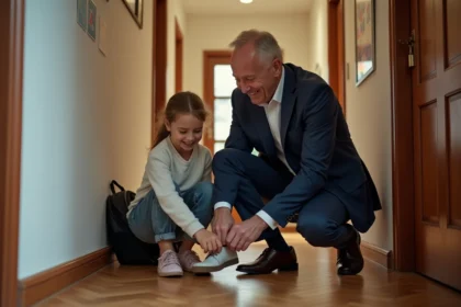 Père en costume nouant la chaussure de sa fille dans un couloir chaleureux