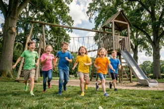 Enfants courant joyeusement vers une structure de jeux en bois dans un parc de loisirs en Seine-Maritime