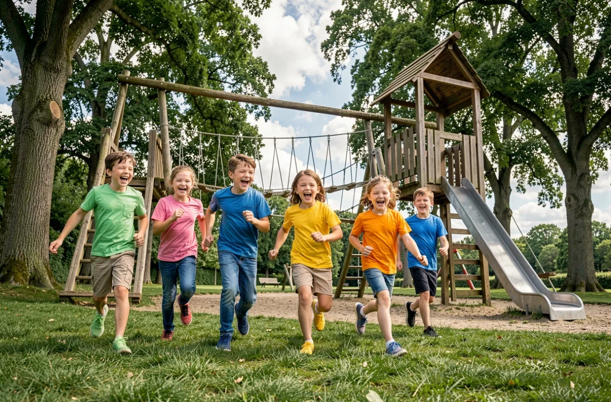 Enfants courant joyeusement vers une structure de jeux en bois dans un parc de loisirs en Seine-Maritime