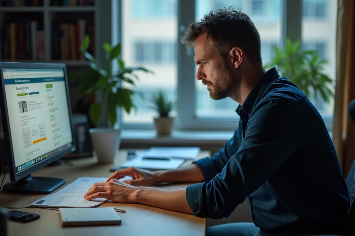 Parent employeur consultant un portail administratif en ligne pour gérer sa déclaration Pajemploi depuis son bureau à domicile