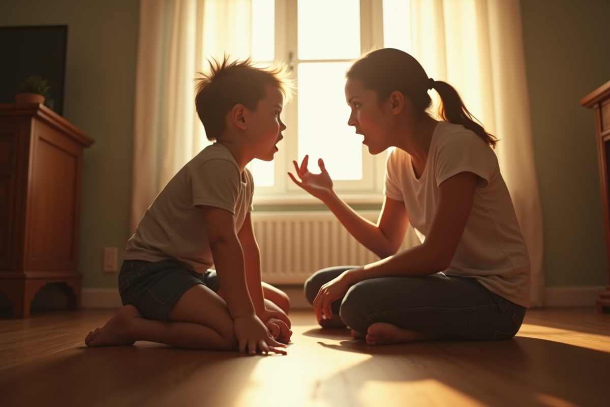 Parent et enfant discutant à la maison avec soleil