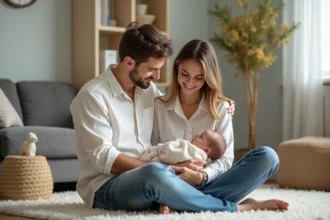 Jeune couple avec bébé dans un salon chaleureux