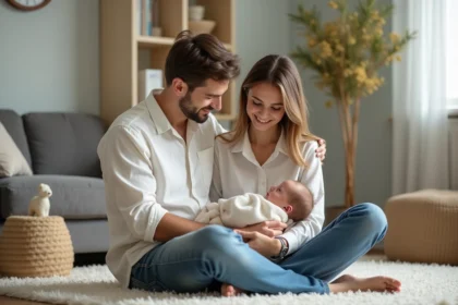 Jeune couple avec bébé dans un salon chaleureux