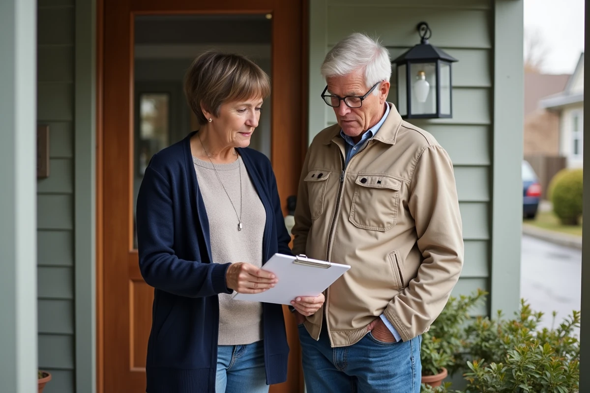 Parents séparés discutant d'un planning de garde partagée devant une maison pavillonnaire en bonne entente
