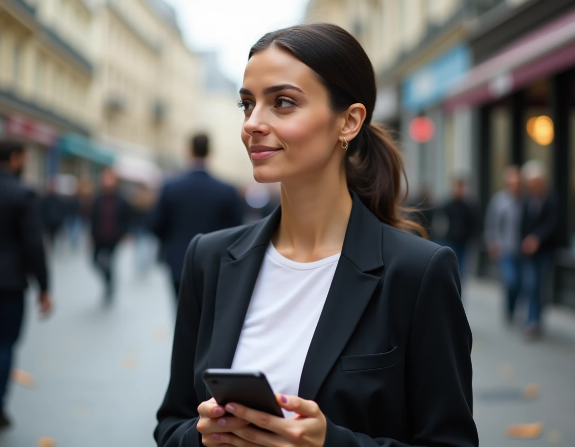 Femme élégante dans une rue parisienne avec silhouette d'un compagnon hors champ, symbolisant la frontière entre vie publique et vie privée