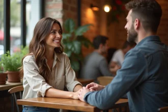 Couple assis dans un café parisien en conversation intime, illustrant la vie privée préservée d'une personnalité publique et de son compagnon
