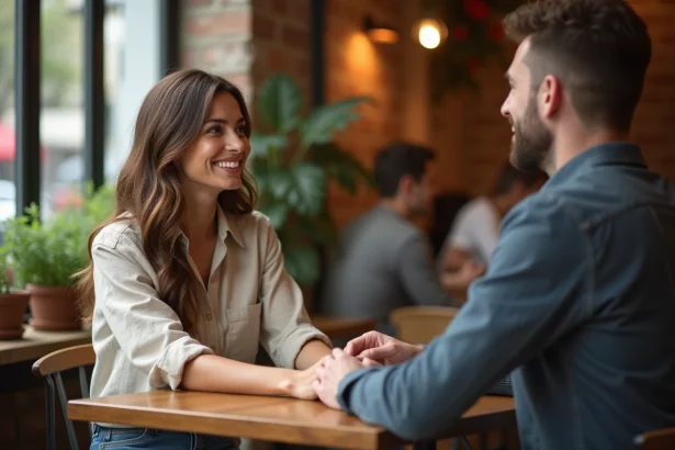 Couple assis dans un café parisien en conversation intime, illustrant la vie privée préservée d'une personnalité publique et de son compagnon