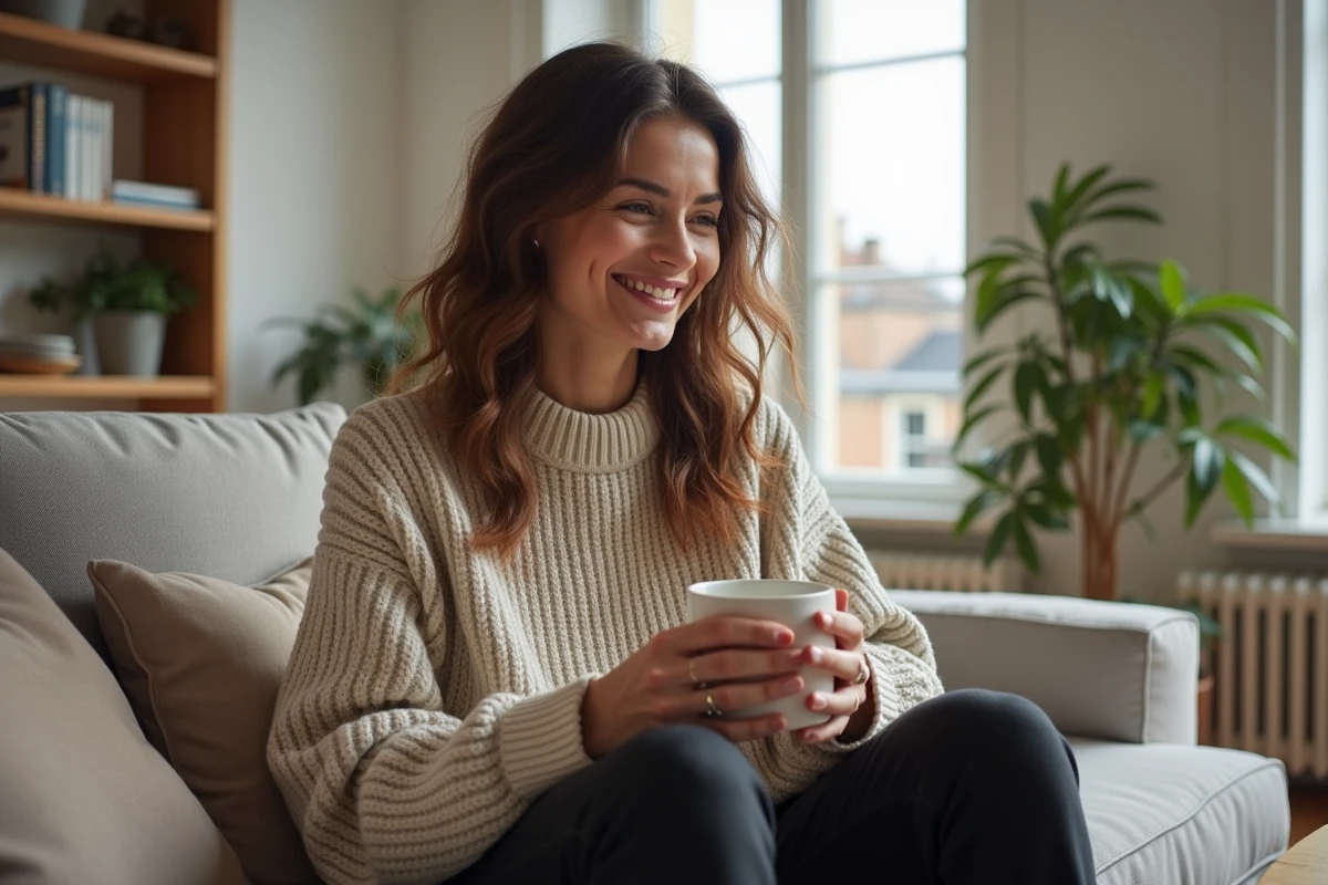 Femme souriante dans un appartement parisien avec deux tasses de café évoquant la présence discrète d'un compagnon dans l'intimité du foyer
