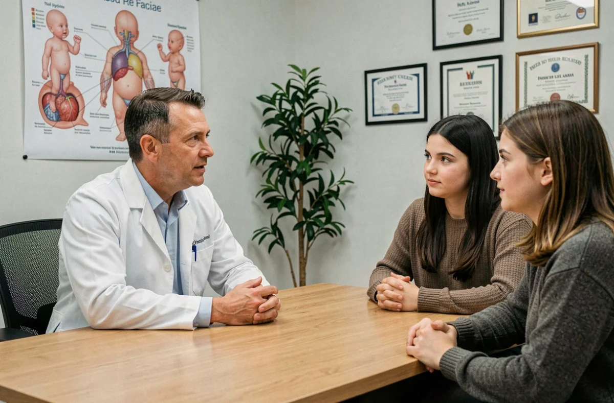 Pédiatre en consultation expliquant à des jeunes parents les conséquences de laisser pleurer bébé