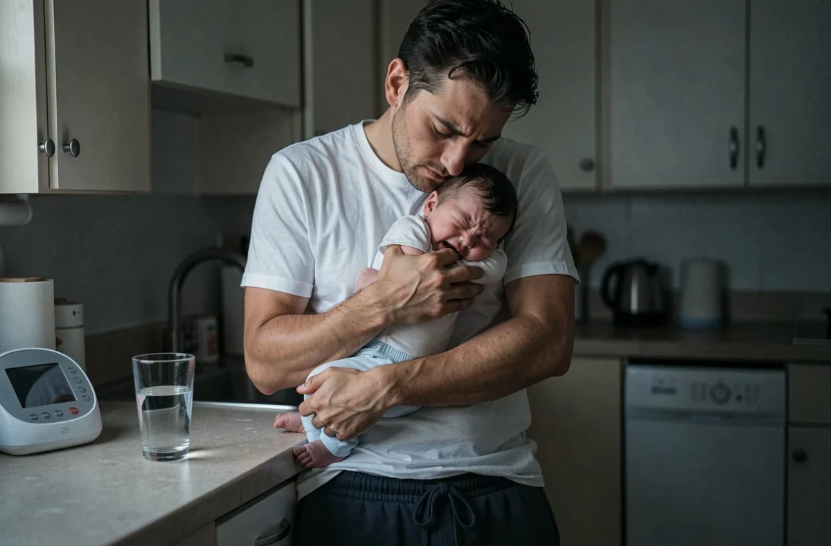 Père fatigué berçant son bébé en pleurs la nuit dans la cuisine, illustrant le dilemme des pleurs nocturnes