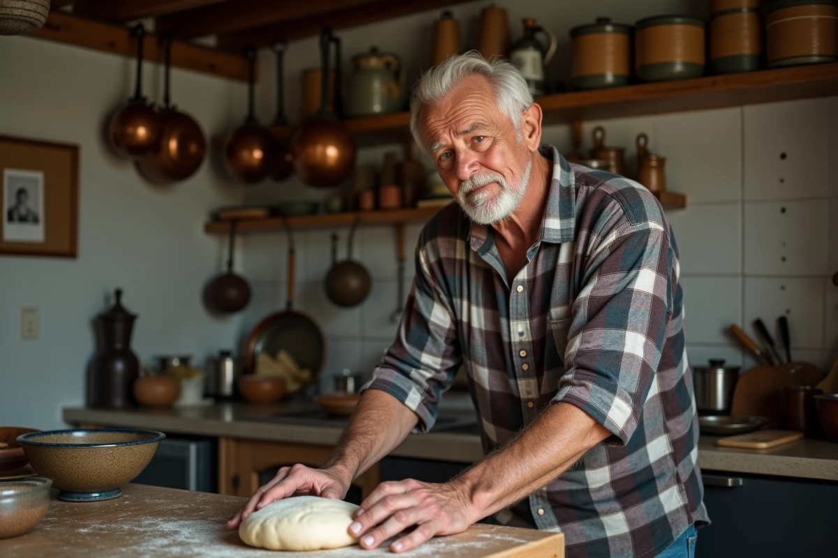 Père âgé préparant un repas traditionnel dans une cuisine française modeste loin des projecteurs médiatiques