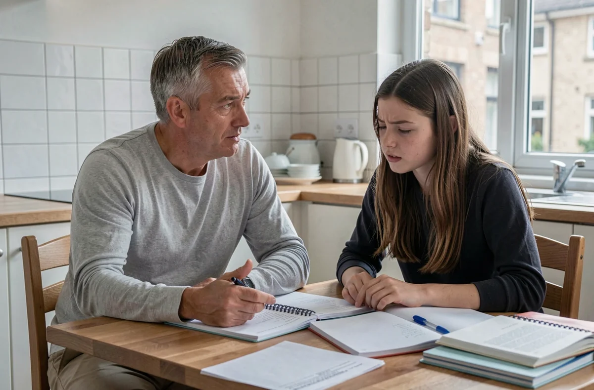 Père attentif assis avec sa fille adolescente autour des devoirs, symbolisant l'écoute et le soutien paternel dans l'accompagnement scolaire