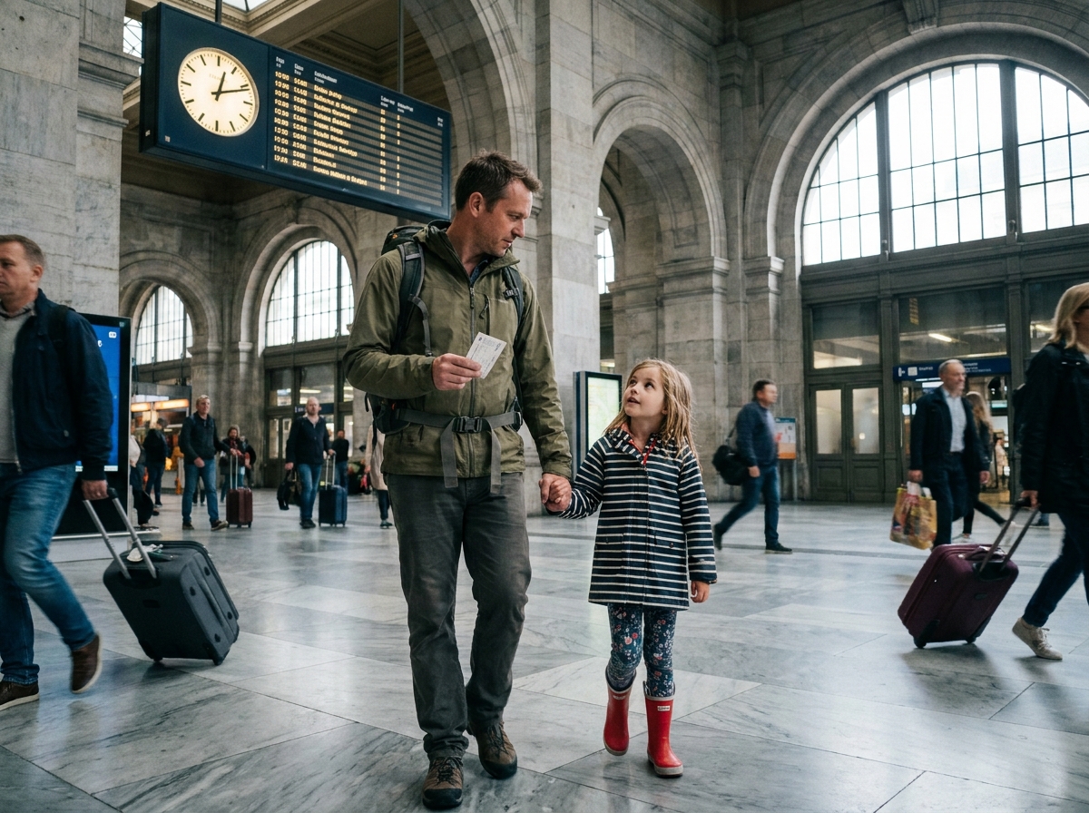 Père et fille traversant une grande gare ferroviaire européenne avec leurs bagages lors d'un voyage en famille