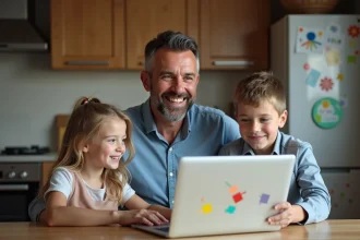 Pere souriant avec ses enfants autour d'un ordinateur familial