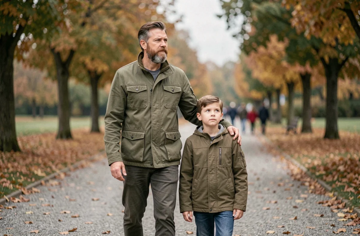 Père et fils marchant ensemble dans un parc en automne, épaule contre épaule, représentant la guidance paternelle douce et le lien de confiance dans l'éducation