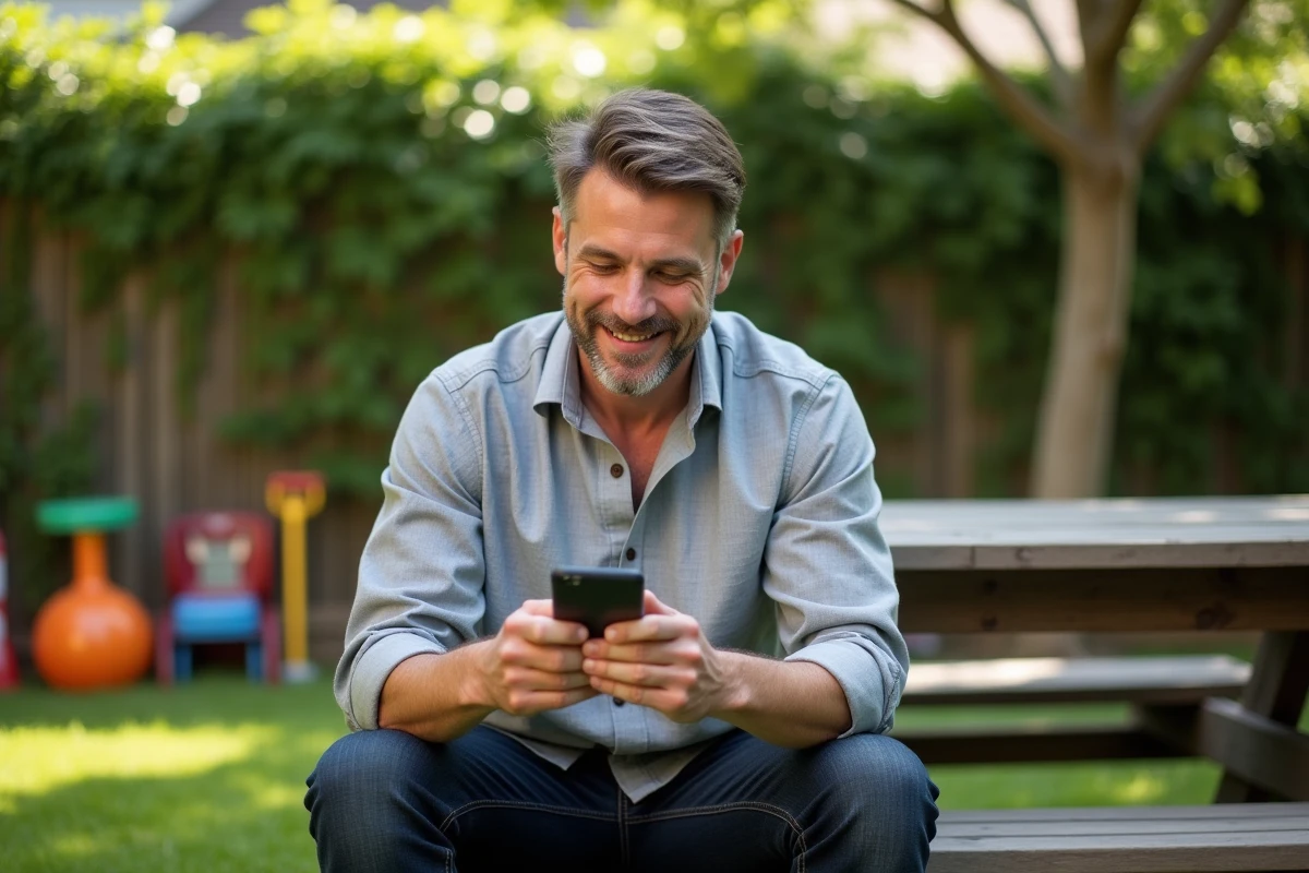 Père configurant un générateur de gages personnalisés pour enfants sur smartphone dans un jardin