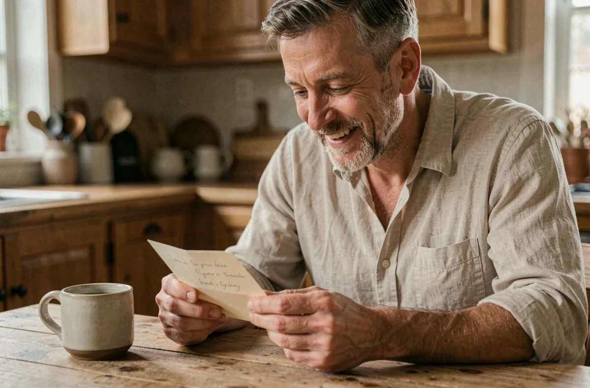 Un père dans la quarantaine lit une carte de fête des pères écrite à la main avec un sourire sincère, assis à une table en bois rustique dans une cuisine chaleureuse
