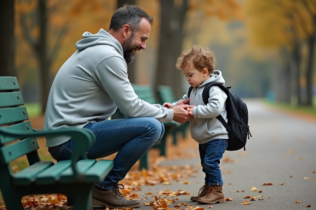 Père séparé aidant son enfant à mettre son sac à dos dans un parc urbain en automne lors d'une garde partagée