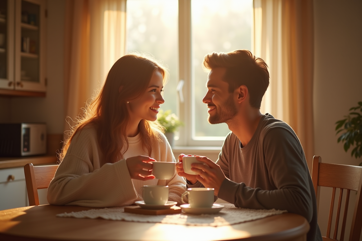 Jeune couple buvant du thé au matin dans la cuisine chaleureuse