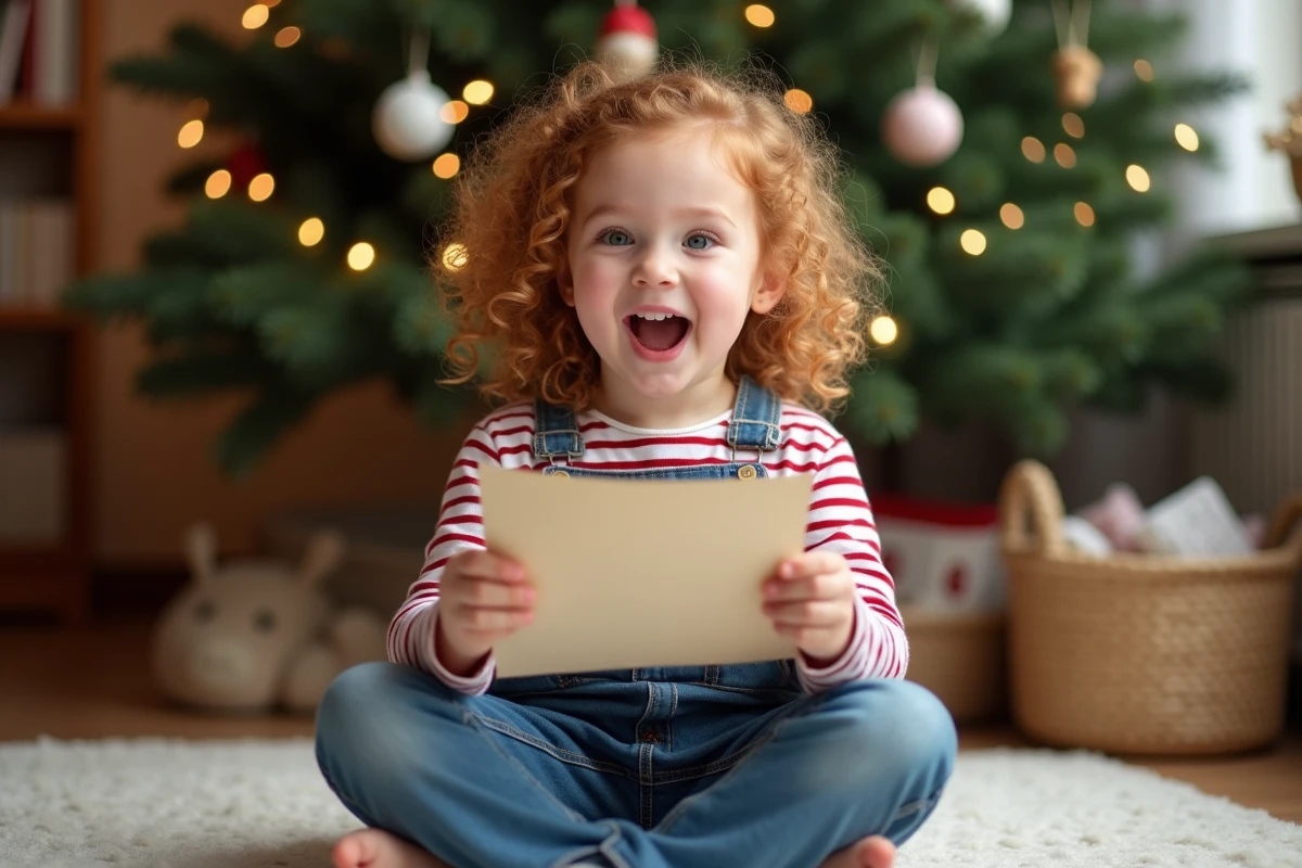 Petite fille en maternelle lisant avec émerveillement une réponse du Père Noël dans un salon décoré pour Noël