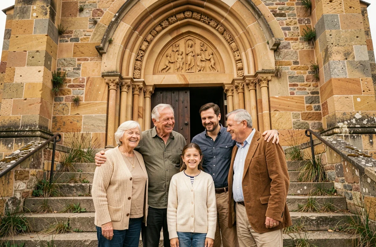 Séance photo de famille devant une église romane à Issoire, plusieurs générations réunies avec émotion
