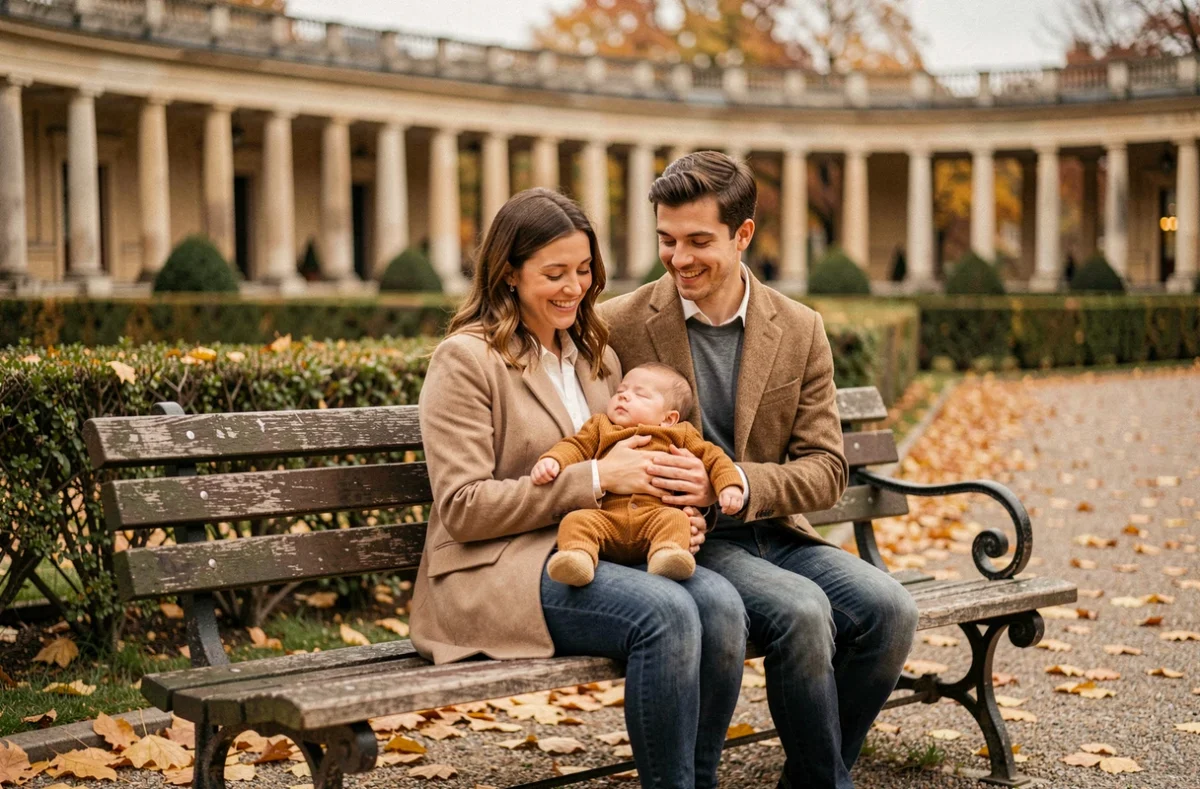 Famille avec bébé photographiée au Jardin du Palais-Royal à Paris en automne lors d'une séance photo professionnelle
