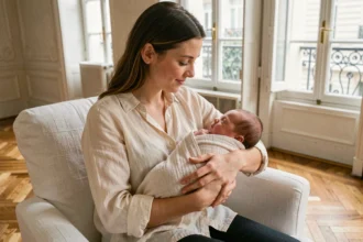 Photographe bébé Paris : mère tenant son nouveau-né dans un appartement haussmannien lumineux