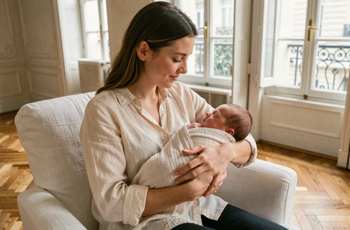 Photographe bébé Paris : mère tenant son nouveau-né dans un appartement haussmannien lumineux