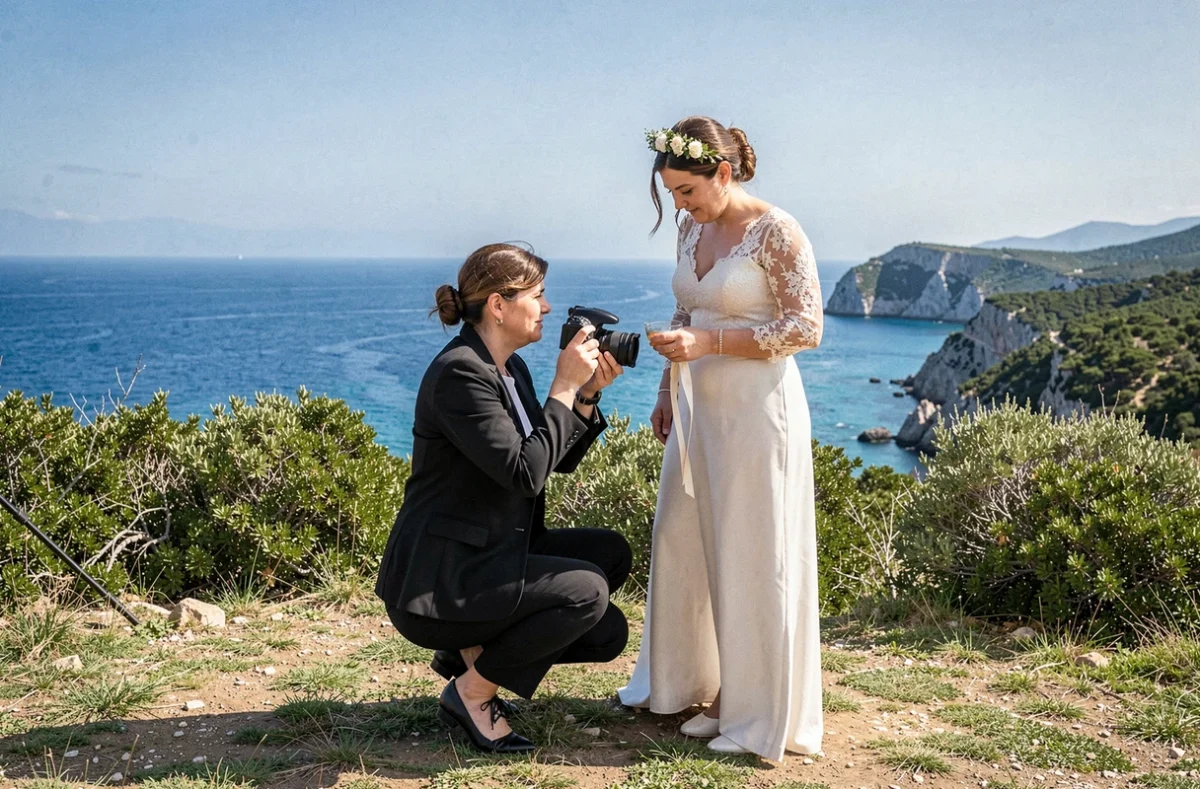 Photographe de mariage en action lors d'une cérémonie en plein air sur les falaises côtières d'Ajaccio avec vue sur la mer Méditerranée