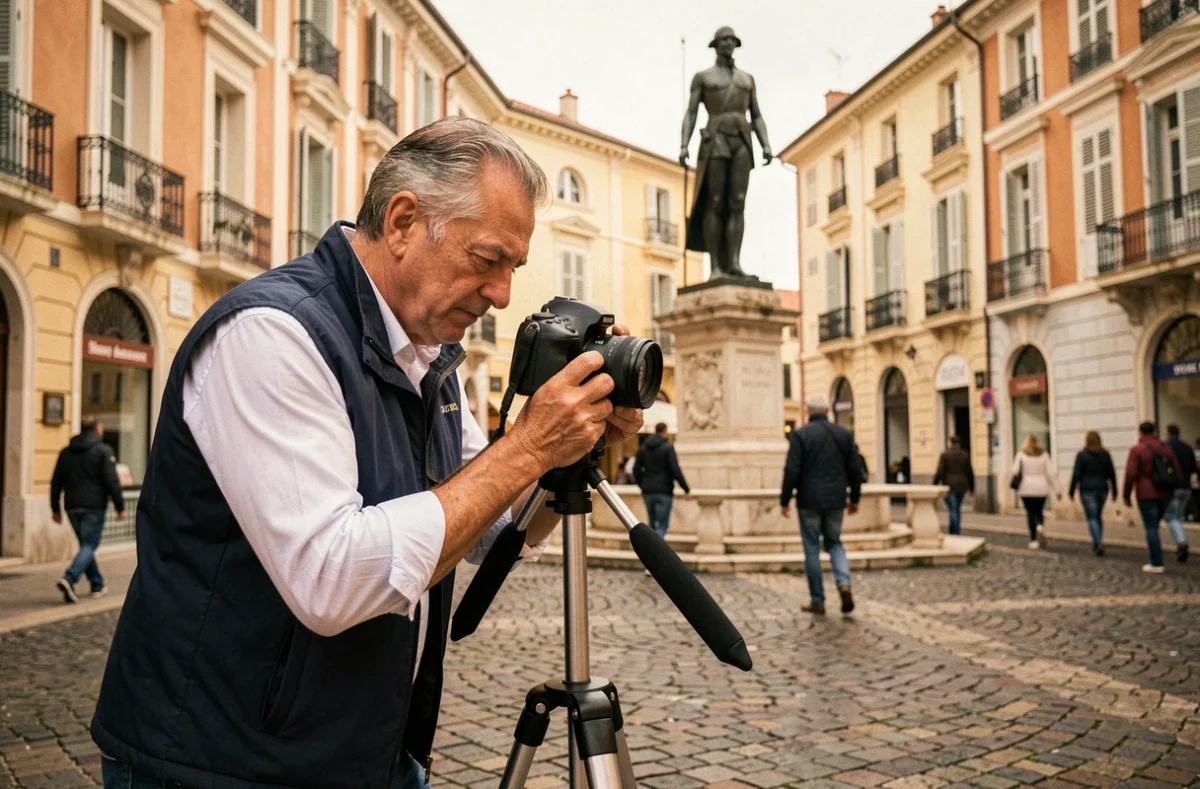 Photographe professionnel installant son trépied sur la Place du Diamant à Ajaccio avec la statue de Napoléon Bonaparte en arrière-plan
