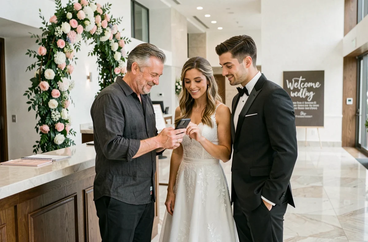 Photographe de mariage présentant une application de partage de photos aux mariés dans le hall d'un lieu de réception