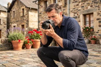Photographe professionnel en action sur une place pavée d'Issoire en Auvergne, appareil photo à la main